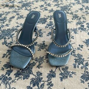 Blue denim crystal Zara strap sandals heels